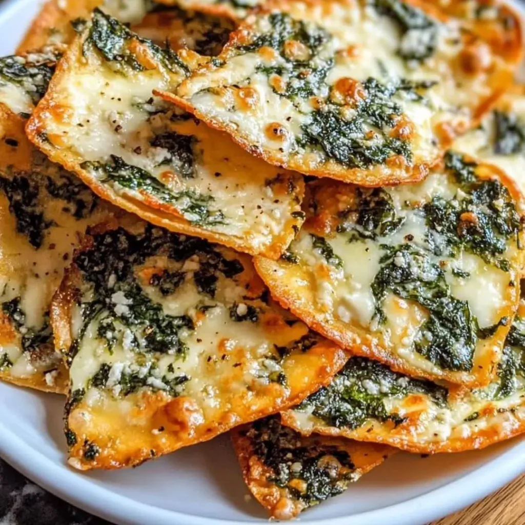 Crispy Mediterranean spinach and feta cheese crisps with golden-brown edges, baked to perfection and served on a white plate.